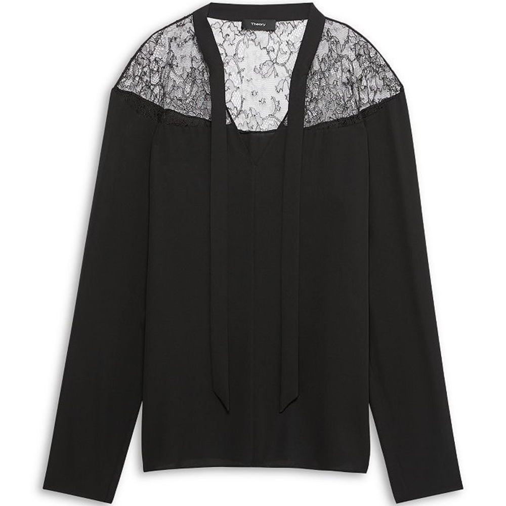 NWT Theory Size Small Silk Black Lace Panel Long Sleeve Blouse $355
